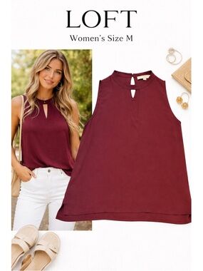 LOFT Burgundy Sleeveless Blouse Women’s Size Medium Keyhole Neck Polyester Top